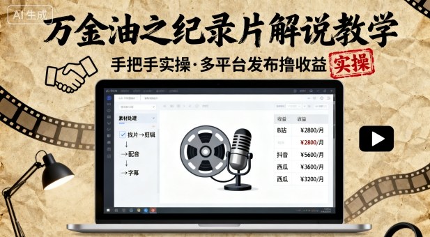 万金油之纪录片解说教学，手把手教你，完全实操，多平台发布撸收益-冒泡网