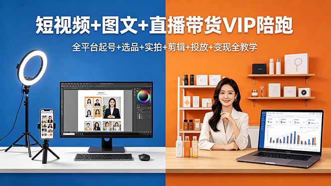 短视频+图文+直播带货VIP陪跑,全平台起号+选品+实拍+剪辑+投放+变现全教学-冒泡网