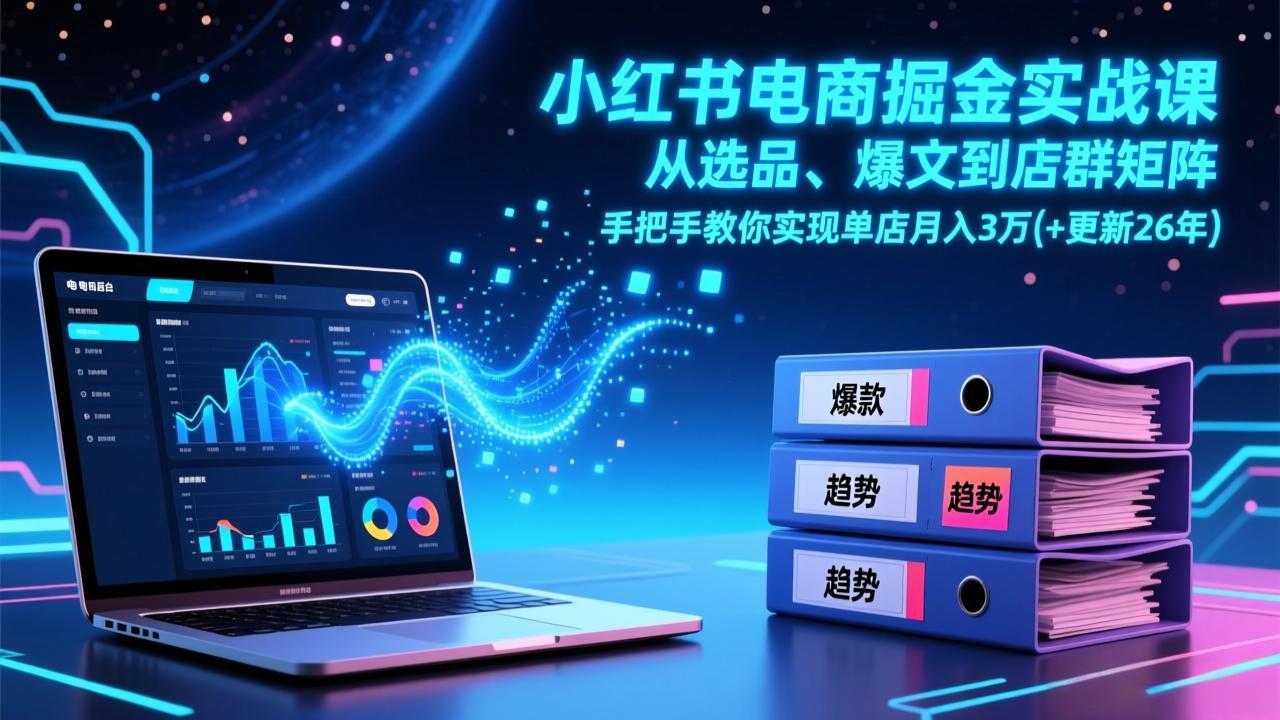 小红书电商掘金实战课，从选品、爆文到店群矩阵，手把手教你实现单店月入3万+(更新26年-冒泡网