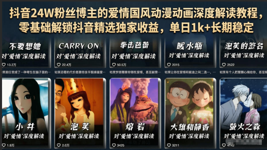 抖音24W粉丝博主的爱情国风动漫动画深度解读教程，零基础解锁抖音精选独家收益，单日1k+长期稳定-冒泡网