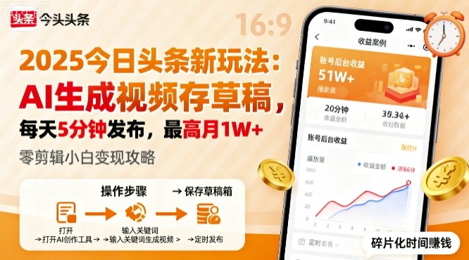 2025年今日头条躺賺新玩法，AI生成视频存草稿，每天5分钟发布，最高月1W+【揭秘】-冒泡网