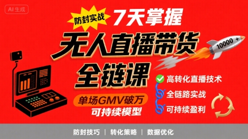 无人直播带货全链防封实战课，7天掌握高转化直播技术，实现单场GMV破万可持续模型-冒泡网