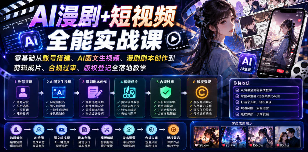 AI漫剧+短视频全能实战课｜零基础从账号搭建、AI图文生视频、漫剧剧本创作到剪辑成片、合规过审、版权登记全落地教学-冒泡网