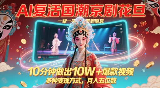 AI复活国潮京剧花旦，一颦一笑美到窒息，10分钟做出10W+爆款视频，多种变现方式，月入五位数-冒泡网