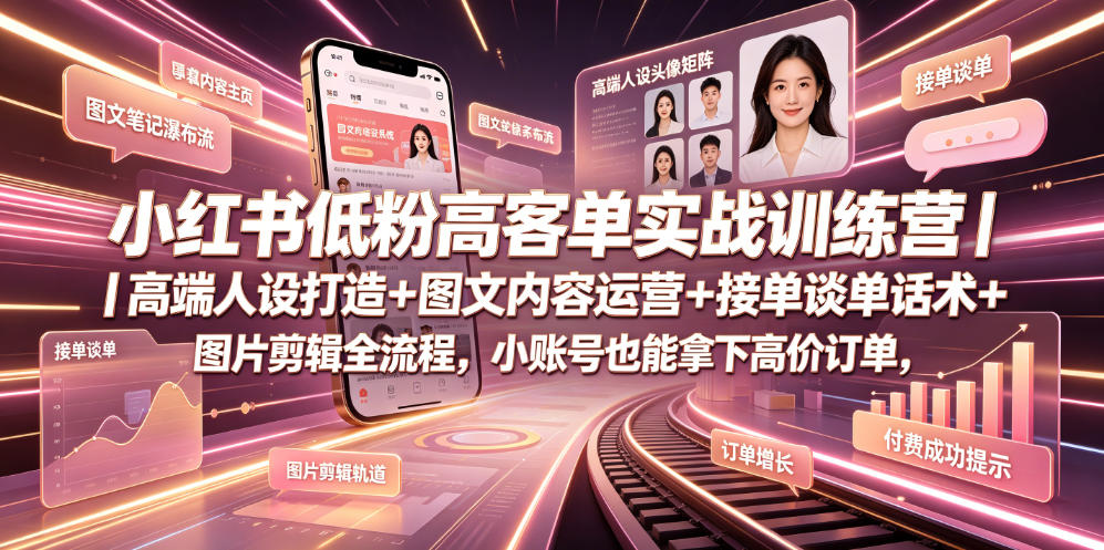 小红书低粉高客单实战训练营｜高端人设打造+图文内容运营+接单谈单话术+图片剪辑全流程，小账号也能拿下高价订单-冒泡网