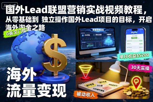 国外Lead联盟营销实战视频教程,从零基础到独立操作国外Lead项目的目标,开启海外淘金之路-冒泡网