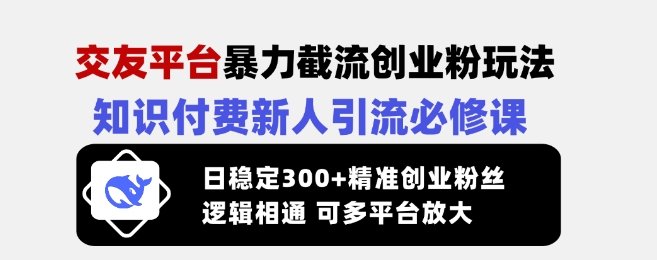 交友平台暴力截流创业粉玩法，知识付费新人引流必修课，日稳定300+精准创业粉丝，逻辑相通可多平台放大-冒泡网