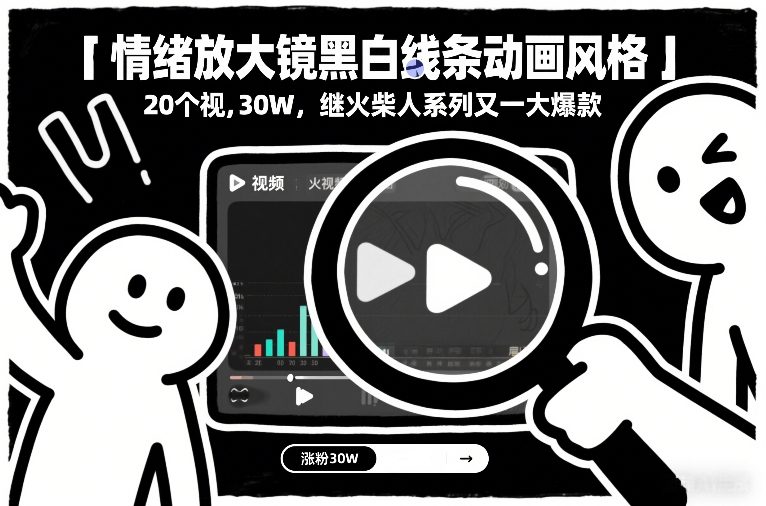 62a2814143d5b10861b320bc0db270d9.jpeg 情绪放大镜黑白线条动画风格,20个视频,涨粉30W,继火柴人系列又一大爆款