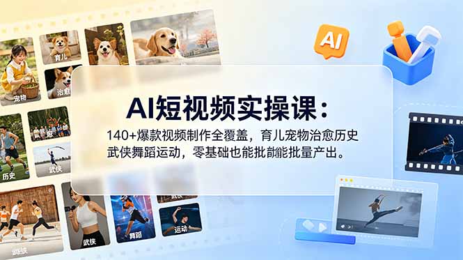 64beb0d94c6bdf921001e69c7b6b4c53.jpeg AI短视频实操课:140+爆款视频制作全覆盖,育儿宠物治愈历史武侠舞蹈运动,零基础也能批量产出