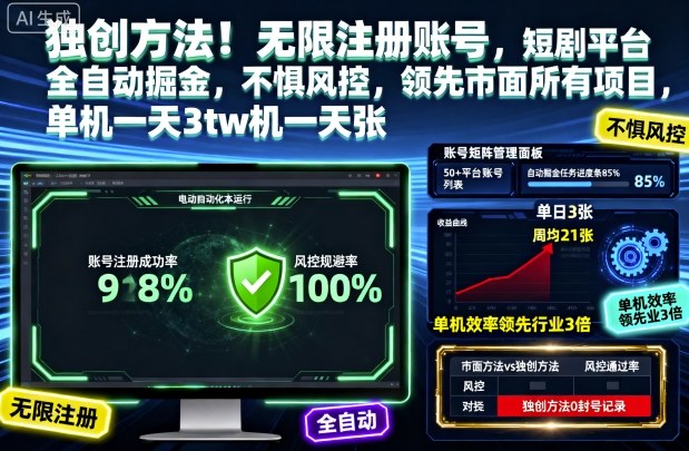 67a95db4c4fb9a50bd94e9cce8f0a505.jpeg 独创方法!无限注册账号,短剧平台全自动掘金,不惧风控,领先市面所有项目,单机一天3张【揭秘】