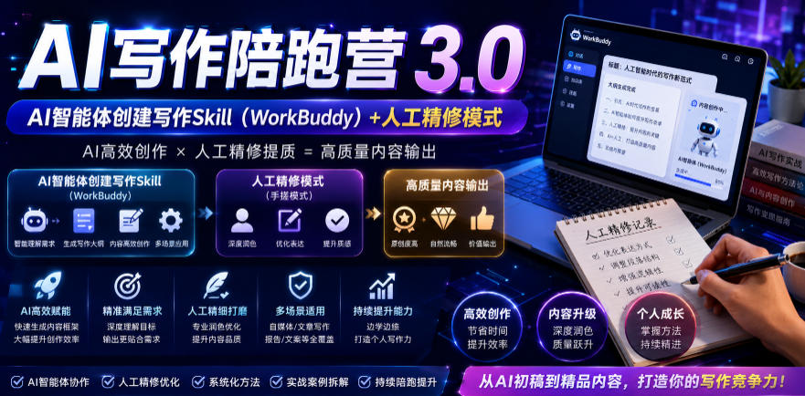 AI写作陪跑营3.0，Ai智能体创建写作skill(workbuddy)+人工手写模式(手搓模式)，去除AI痕迹(头条号、公众号、百家号)-冒泡网