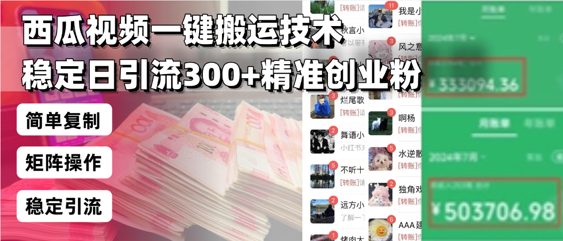 西瓜视频一键搬运技术，稳定日引流300+精准创业粉，简单可复制给团队，…-冒泡网