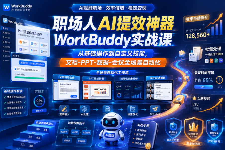 职场人AI提效神器WorkBuddy实战课，从基础操作到自定义技能，文档-PPT-数据-会议全场景自动化-冒泡网