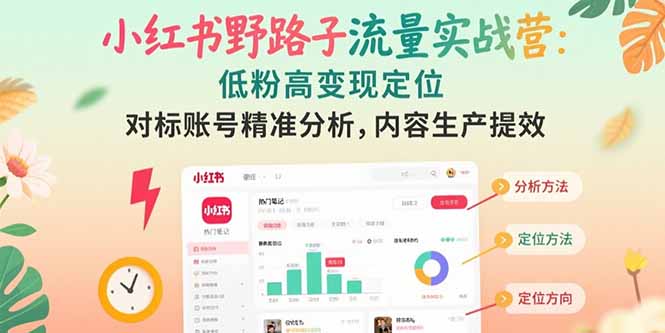 小红书野路子流量实战营：低粉高变现定位 对标账号精准分析 内容生产提效-冒泡网