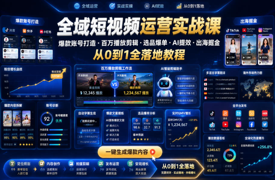 76d7f651be38ac8203c00b2ab3012c3a.jpeg 全域短视频运营实战课,爆款账号打造・百万播放剪辑・选品爆单・AI提效・出海掘金,从0到1全落地教程
