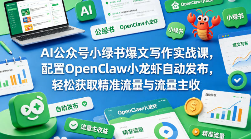 AI公众号小绿书爆文写作实战课，配置OpenClaw小龙虾自动发布，轻松获取精准流量与流量主收益-冒泡网