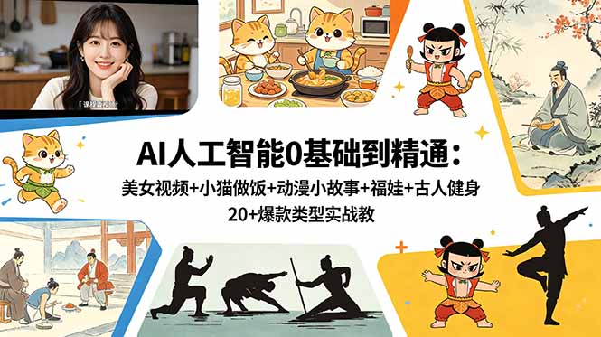 7a20dfefad3dd400ae3ec1082763e3e6.jpeg AI人工智能0基础到精通:美女视频+小猫做饭+动漫小故事+福娃+古人健身,20+爆款类型实战教学