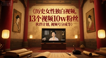 历史女性独白视频，13个视频10w粉丝，伙伴计划，视频号分成等-冒泡网