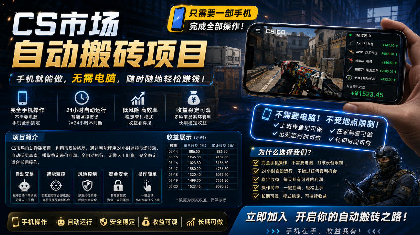 手机即可操作的CS市场自动搬砖系统｜自动监控｜自动下单|日入300+【揭秘】-冒泡网