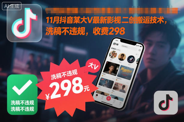 11月抖音某大V最新影视二创搬运技术，洗稿不违规，收费298-冒泡网