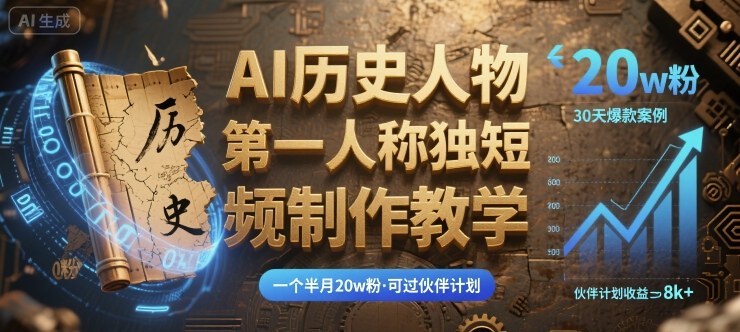 最新AI历史人物第一人称独白短视频制作教学，一个半月20w粉，可过伙伴计划-冒泡网