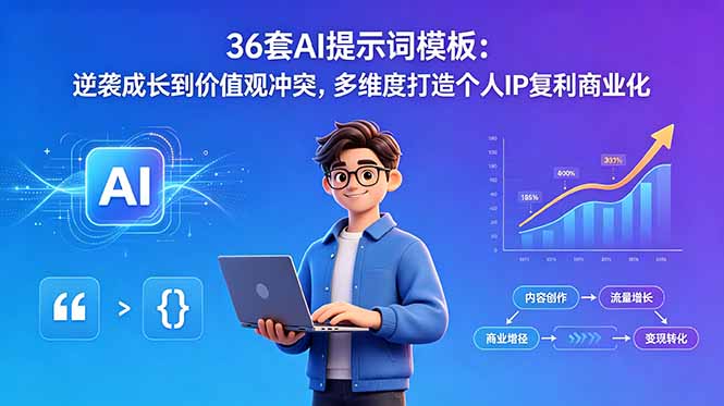 36套AI提示词模板：逆袭成长到价值观冲突，多维度打造个人IP复利商业化-冒泡网