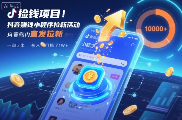 捡钱项目！抖音賺钱小程序拉新活动，抖音端内宣发拉新，一单3米，有人半个月搞了1W+-冒泡网