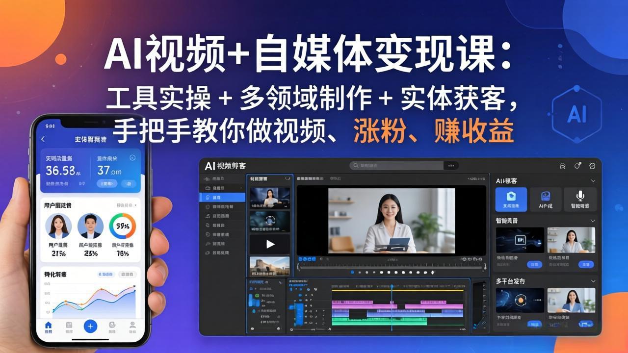 AI视频+自媒体变现课：工具实操 + 多领域制作 + 实体获客，手把手教你做视频、涨粉、赚收益-冒泡网