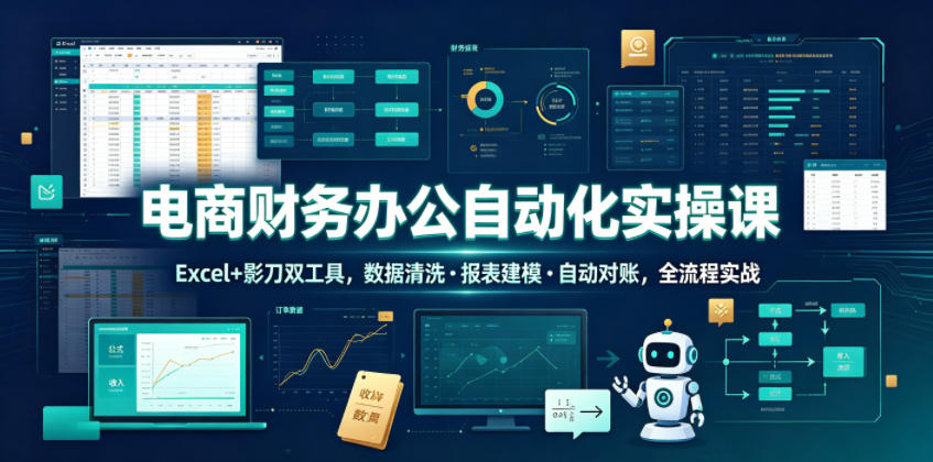 电商财务办公自动化实操课,Excel+影刀双工具,数据清洗・报表建模・自动对账,全流程实战-冒泡网