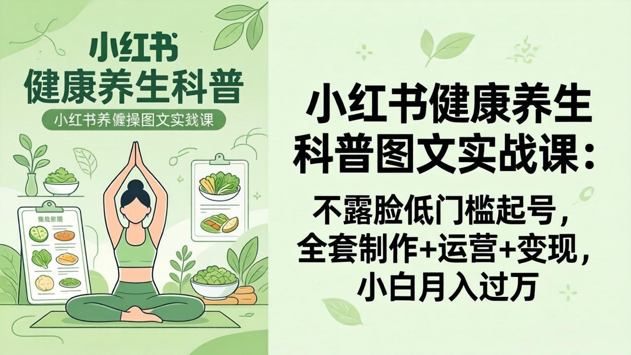 2026小红书健康养生科普图文实战课：不露脸低门槛起号，全套制作+运营+变现，小白月入过万-冒泡网