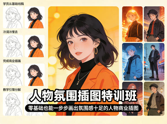 人物氛围插图特训班，零基础也能一步步画出氛围感十足的人物商业插图-冒泡网
