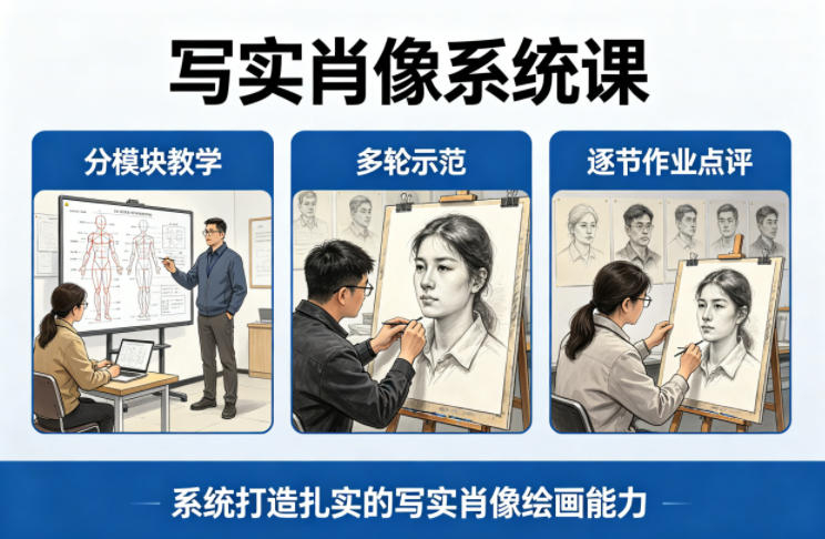 写实肖像系统课，全程分模块教学+多轮示范+逐节作业点评，系统打造扎实的写实肖像绘画能力-冒泡网