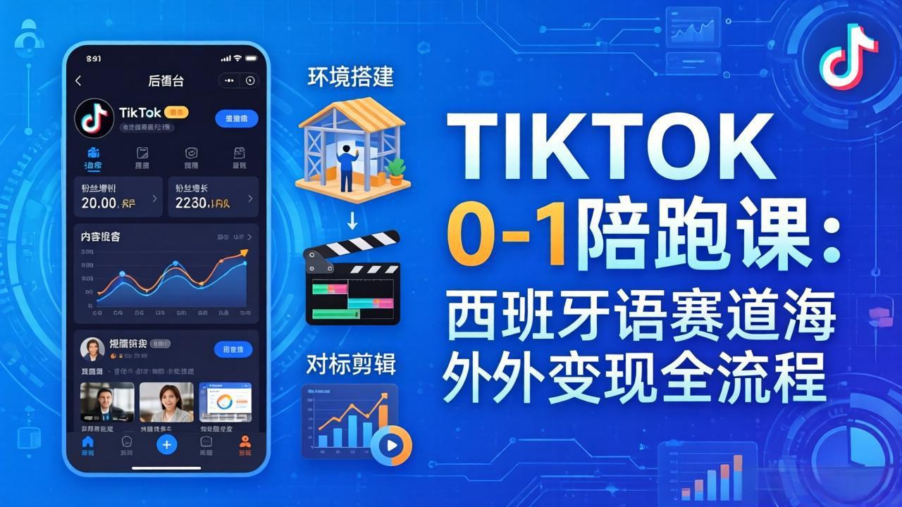TIKTOK 0-1 陪跑课：从环境搭建到刷对标剪辑，西班牙语赛道海外变现全流程-冒泡网