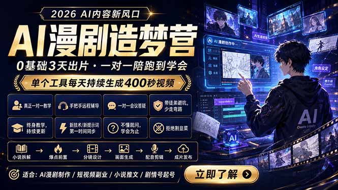 AI漫剧造梦营：0基础3天出片，单个工具每天持续生成400秒视频-冒泡网