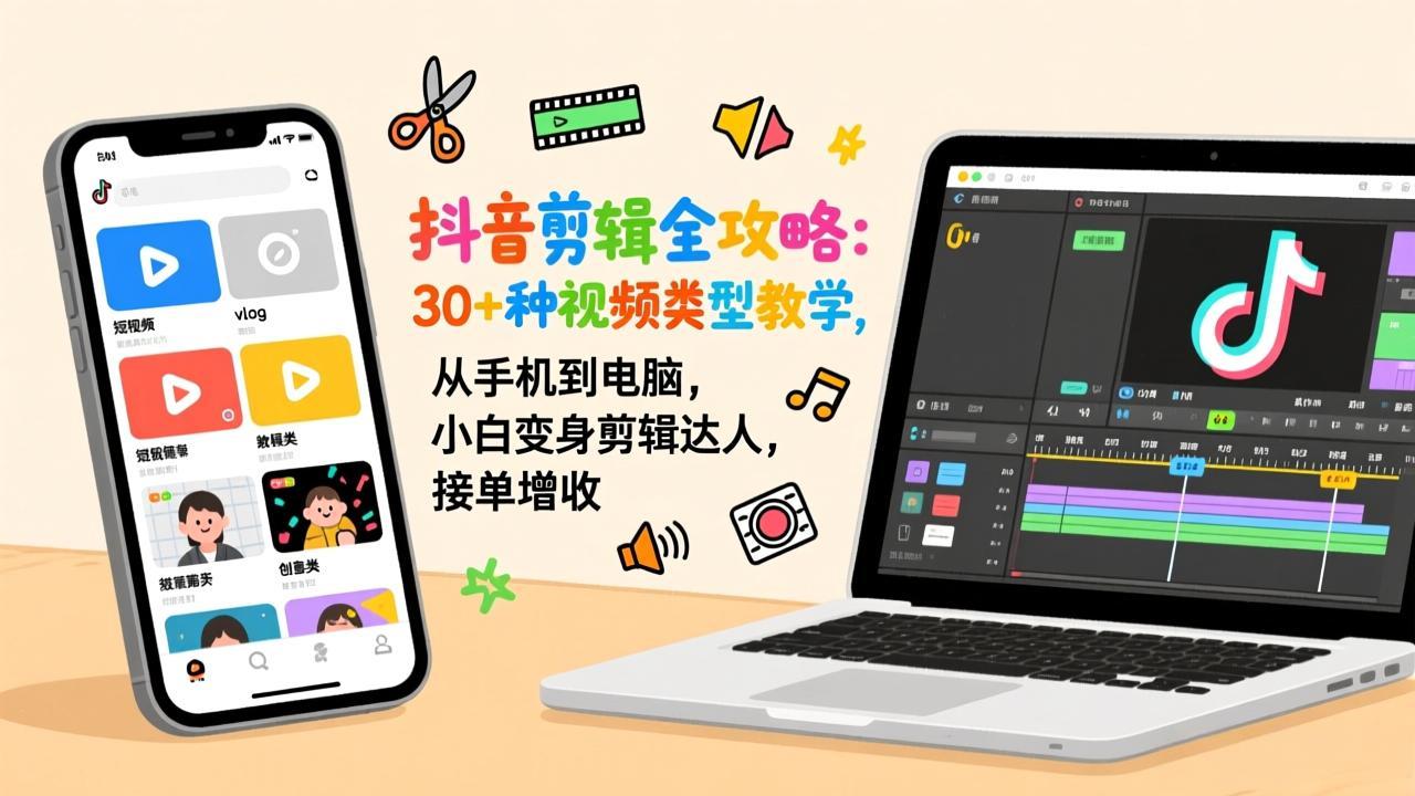 抖音剪辑全攻略：30+种视频类型教学，从手机到电脑，小白变身剪辑达人，接单增收-冒泡网