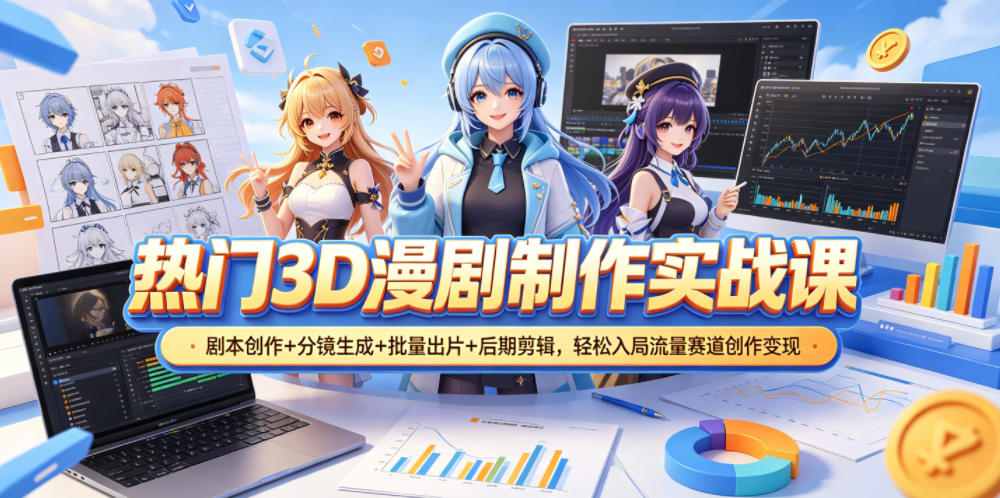 热门3D漫剧制作实战课，剧本创作+分镜生成+批量出片+后期剪辑，轻松入局流量赛道创作变现-冒泡网