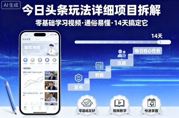 今日头条玩法详细项目拆解,零基础学习视频 通俗易懂 14天搞定它-冒泡网