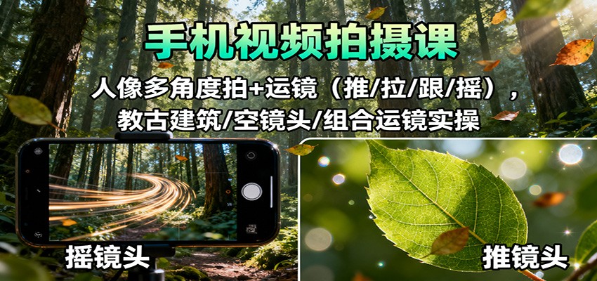 手机视频拍摄课：人像多角度拍+运镜(推/拉/跟/摇)，古建筑/空镜头/组合运镜实操-冒泡网