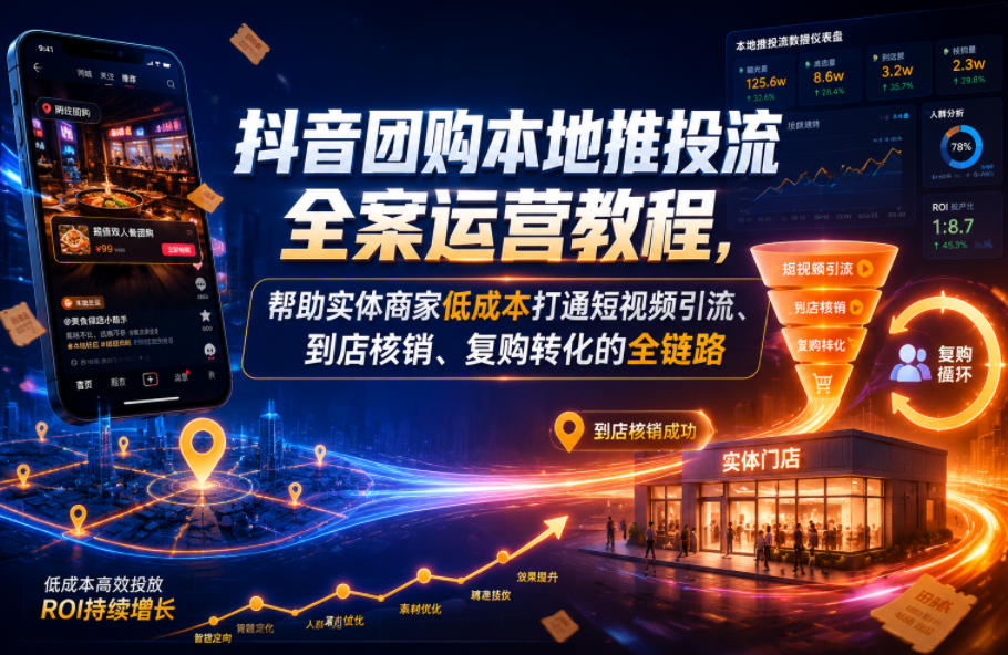 抖音团购本地推投流全案运营教程，帮助实体商家低成本打通短视频引流、到店核销、复购转化的全链路-冒泡网