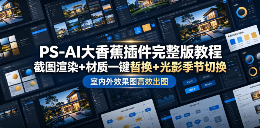 PS-AI大香蕉插件完整版教程，截图渲染+材质一键替换+光影季节切换，室内外效果图高效出图高阶课程-冒泡网