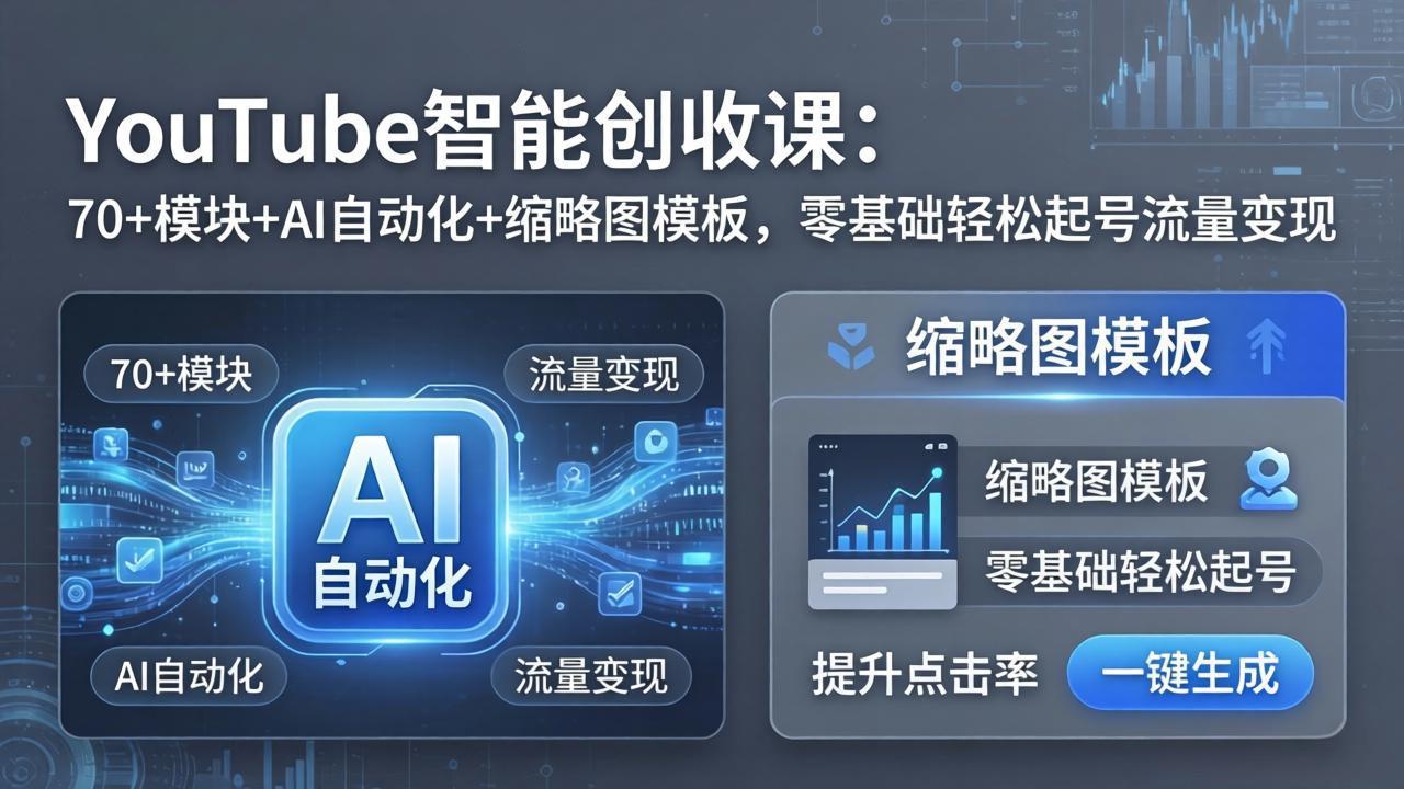 YouTube智能创收课：70+模块+AI自动化+缩略图模板，零基础轻松起号流量变现-冒泡网
