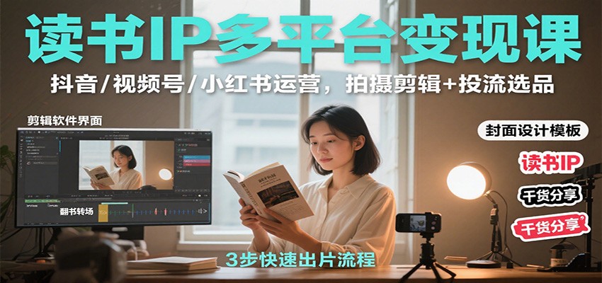 读书IP多平台变现课：抖音/视频号/小红书运营，拍摄剪辑+投流选品-冒泡网