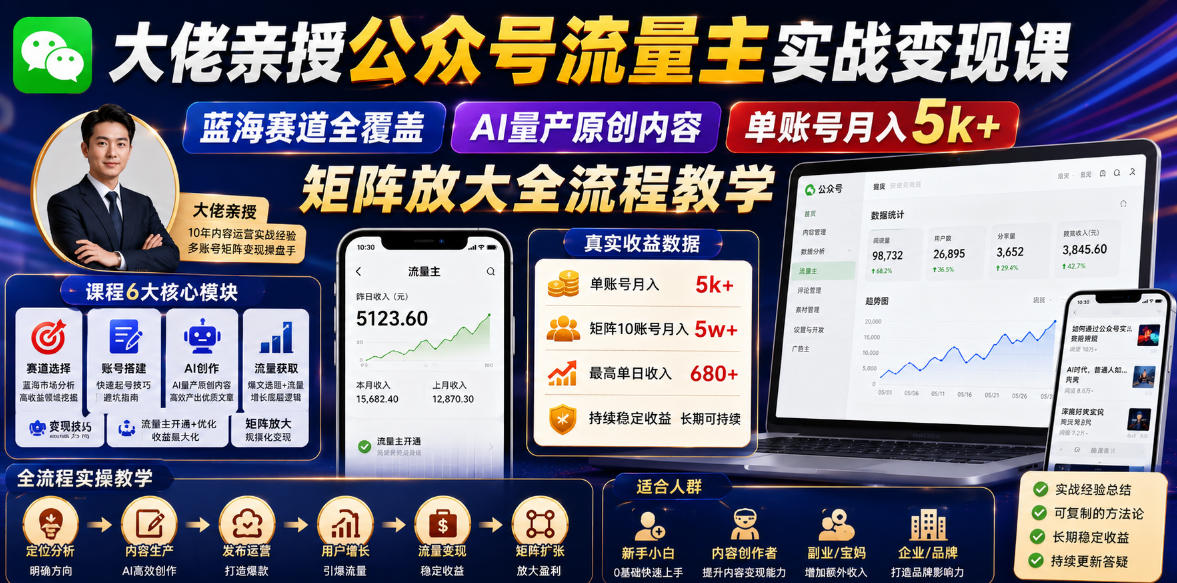 大佬亲授公众号流量主实战变现课，蓝海赛道全覆盖，AI量产原创内容，单账号月入5k+矩阵放大全流程教学-冒泡网