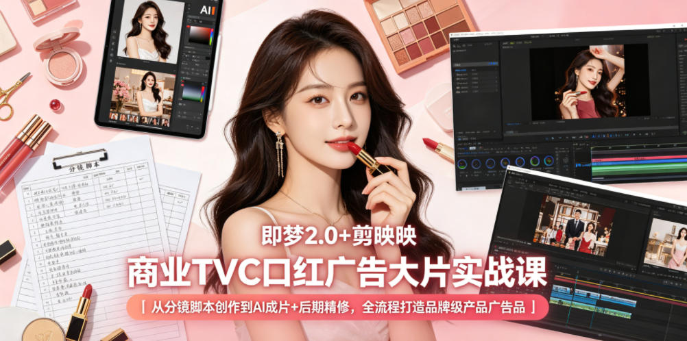 即梦2.0+剪映商业TVC口红广告大片实战课｜从分镜脚本创作到AI成片+后期精修，全流程打造品牌级产品广告-冒泡网