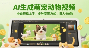 AI生成萌宠动物视频，小白轻松上手，多种变现方式，日入4位数-冒泡网