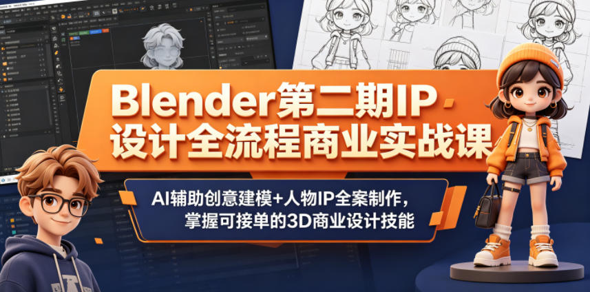Blender第二期IP设计全流程商业实战课，AI辅助创意建模+人物IP全案制作，掌握可接单的3D商业设计技能-冒泡网
