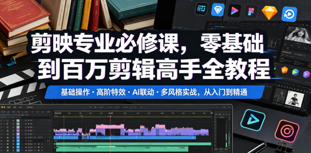 剪映专业必修课，零基础到百万剪辑高手全教程，基础操作・高阶特效・AI联动・多风格实战，从入门到精通-冒泡网