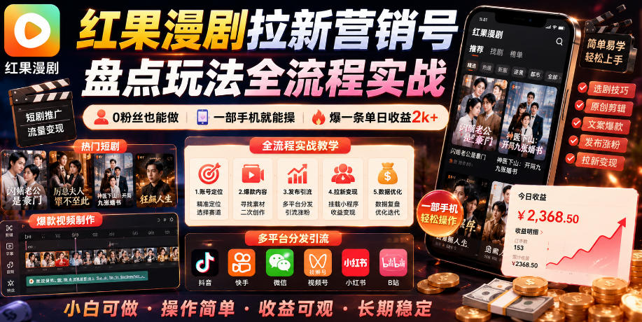 红果漫剧拉新营销号盘点玩法全流程实战，0粉丝也能做，一部手机就能做，爆一条单日收益2k+-冒泡网