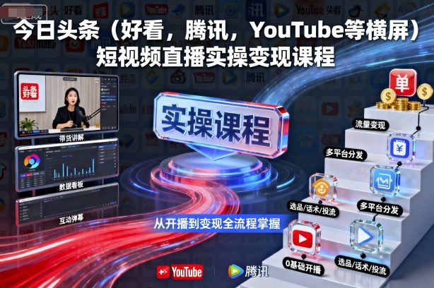 今日头条(好看，腾讯，YouTube等横屏)短视频直播实操变现课程-冒泡网