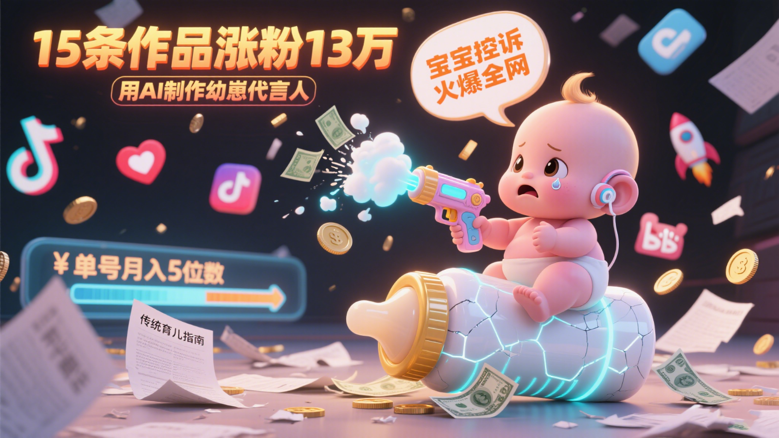 用AI制作幼崽代言人，宝宝的控诉火爆全网，15条作品涨粉13万，单号月入5位数实操教程-冒泡网